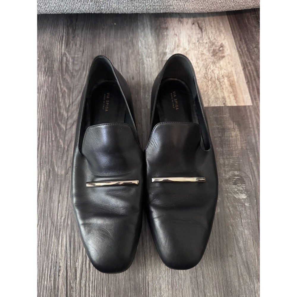 Via Spiga Black Leather Metal Bar Loafers Made in Italy Womens Size 9M EUR 39